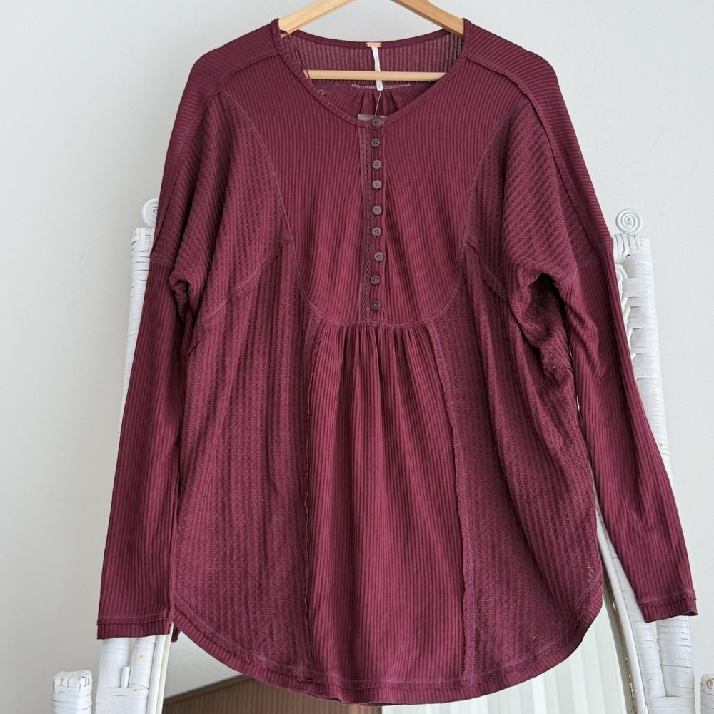 Free People Tunic Top Womens Small Burgundy Henley Thermal Knit Zinfandel Boho